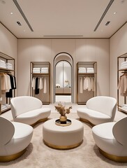 Luxury modern walk-in closet interior with elegant white chairs, center table, arched doorway, and organized wardrobe shelves, designed with minimalist and sophisticated aesthetics

