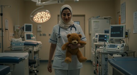 Compassionate nurse in a hospital hallway gently holds a teddy bear, conveying care and empathy for young patients.