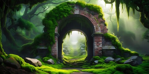 Mysterious ancient stone archway covered in moss and surrounded by lush green forest, glowing with soft magical light, creating a surreal fantasy landscape full of wonder and mystery

