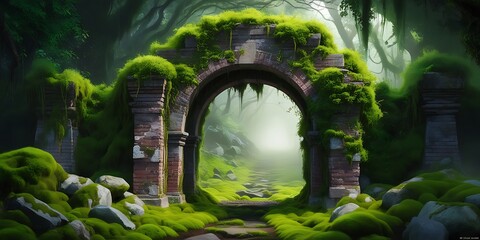 Mysterious ancient stone archway covered in moss and surrounded by lush green forest, glowing with soft magical light, creating a surreal fantasy landscape full of wonder and mystery

