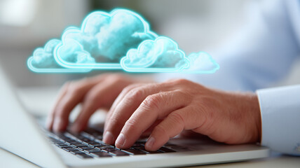 Hands Typing Beneath a Holographic Cloud Illustrating Seamless Enterprise Cloud Computing
