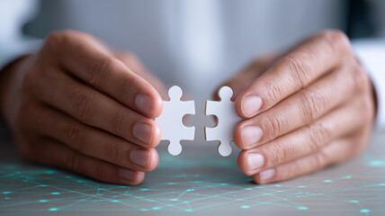 Two Puzzle Pieces Joining Together to Represent Strategic Partnership and Problem Solving
