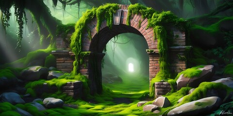 Mysterious ancient stone archway covered in moss and surrounded by lush green forest, glowing with soft magical light, creating a surreal fantasy landscape full of wonder and mystery

