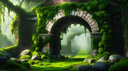 Mysterious ancient stone archway covered in moss and surrounded by lush green forest, glowing with soft magical light, creating a surreal fantasy landscape full of wonder and mystery

