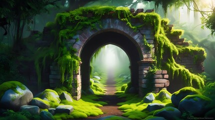 Mysterious ancient stone archway covered in moss and surrounded by lush green forest, glowing with soft magical light, creating a surreal fantasy landscape full of wonder and mystery

