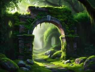 Mysterious ancient stone archway covered in moss and surrounded by lush green forest, glowing with soft magical light, creating a surreal fantasy landscape full of wonder and mystery

