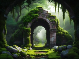 Mysterious ancient stone archway covered in moss and surrounded by lush green forest, glowing with soft magical light, creating a surreal fantasy landscape full of wonder and mystery

