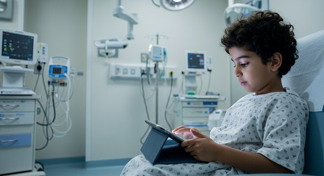 Young patient finds comfort in a digital tablet during a hospital stay, showcasing resilience and technological connection in healthcare.