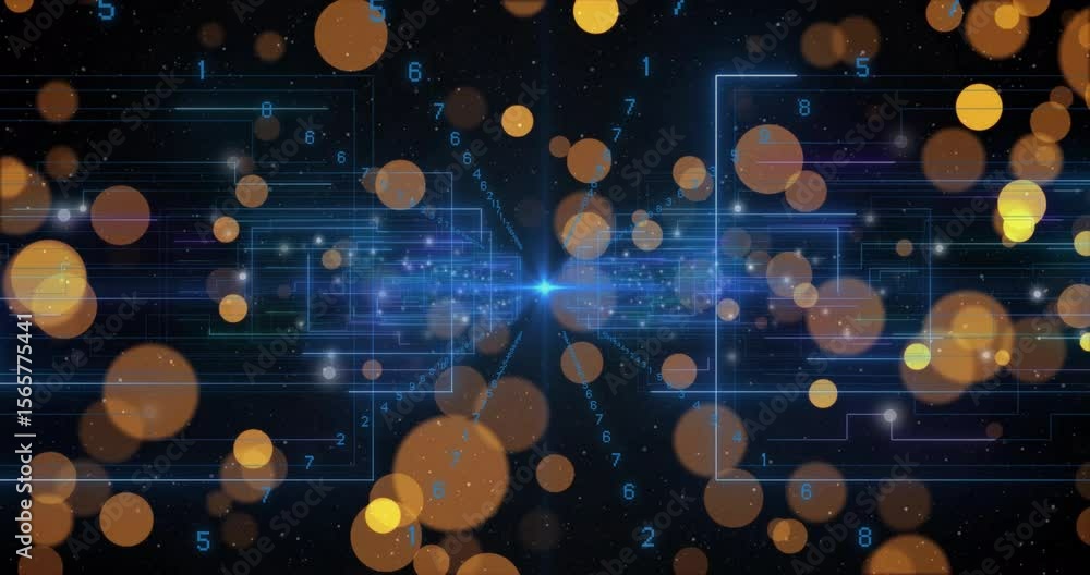Poster central blue node pulsing, spreading network, drifting circles streaming digits visualizing flow