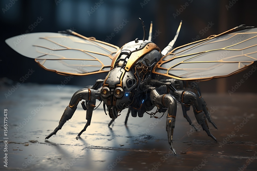 Poster close up of a robotic insect with metallic wings on a reflective surface in a dark environment