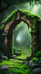 Mysterious ancient stone archway covered in moss and surrounded by lush green forest, glowing with soft magical light, creating a surreal fantasy landscape full of wonder and mystery

