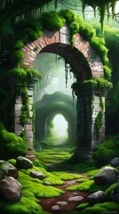 Mysterious ancient stone archway covered in moss and surrounded by lush green forest, glowing with soft magical light, creating a surreal fantasy landscape full of wonder and mystery

