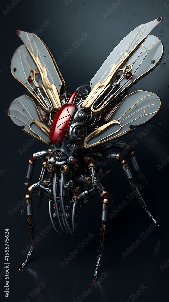 Poster close up of a mechanical insect with intricate wings and a red head against a dark background