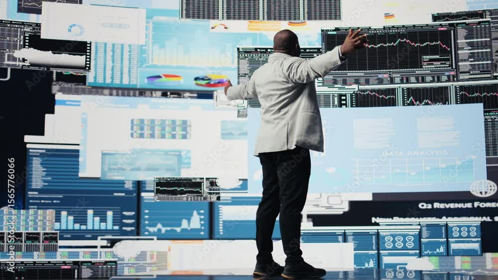 Poster black executive manager thinks about a new strategy to increase the company profit while he reviews 