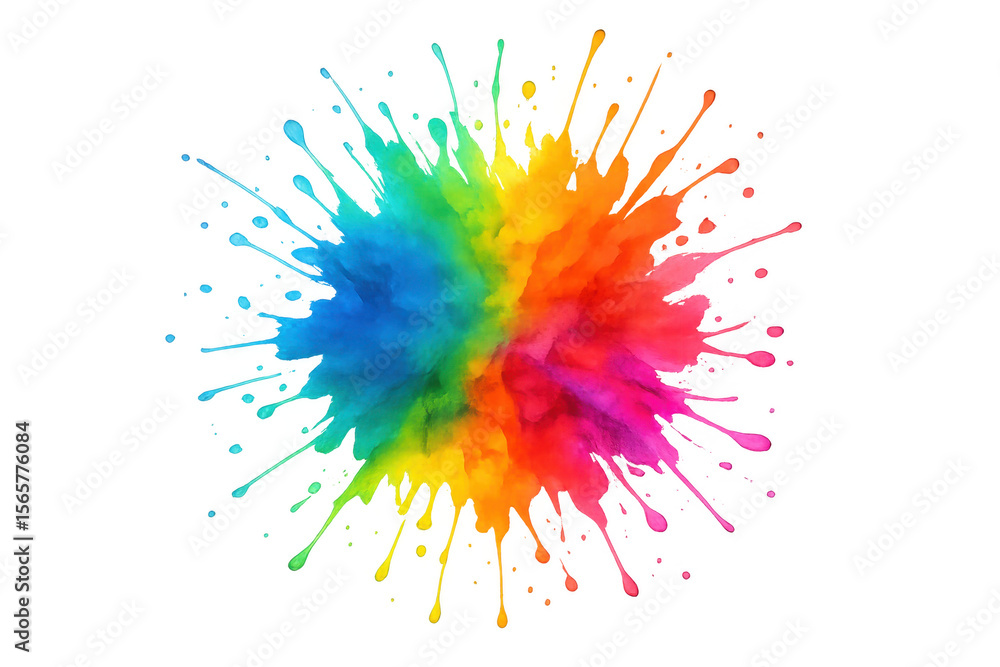 Poster vivid powder paint bursting dynamically, scattering colorful pigments in explosive radial patterns a
