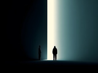 Fototapeta premium A silhouette of two figures stand before a gateway of light, an emotive scene symbolizing opportunity and introspection. The visual story represents a journey of self-discovery.