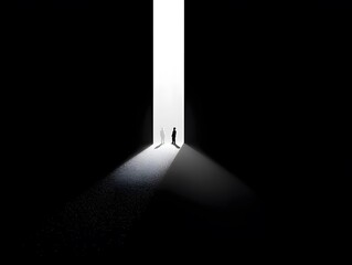 A solitary silhouette stands on the threshold of opportunity, bathed in a ray of light that offers a striking contrast between shadow and illumination.