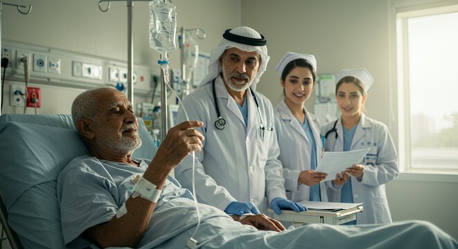 Compassionate doctors and nurses provide attentive care to a senior patient in a hospital room, offering comfort and support during his recovery.