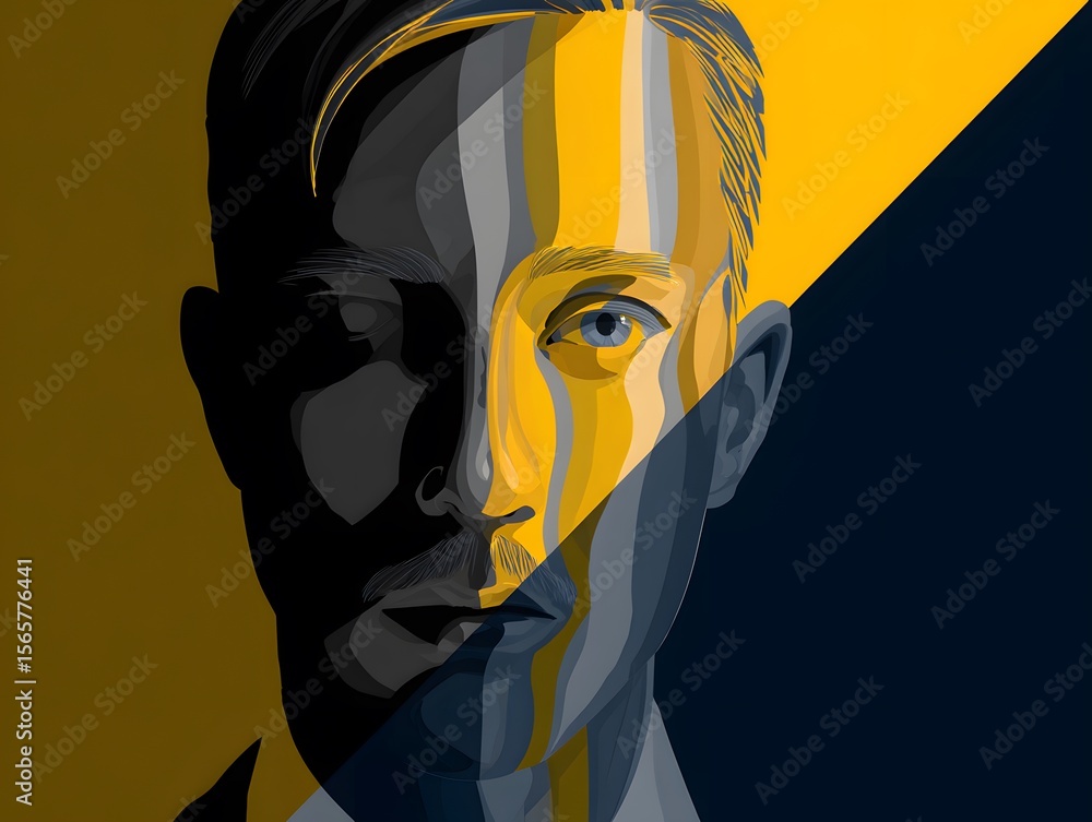 Poster a striking portrait split with bold geometric forms and an artistic design of a person. showcasing t