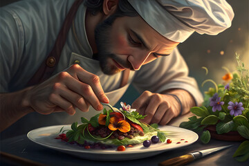 Close up of chef garnishing a dish