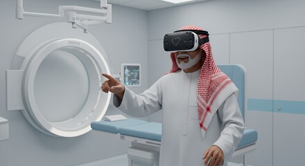 Arab man explores medical technology using virtual reality headset in a futuristic hospital setting.