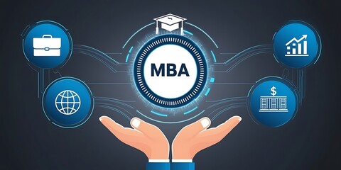 Illustration of raised hand reaching toward MBA digital icon surrounded by business, finance, and global economy symbols, representing higher education and professional growth

