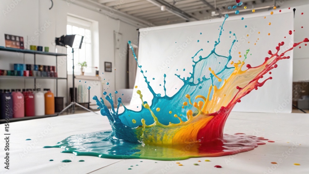 Poster vivid colors splash and spray dramatically in a studio setting, creating a dynamic paint splash with