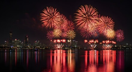 Fourth of July fireworks Spectacular Fireworks Display Over City Skyline at Night