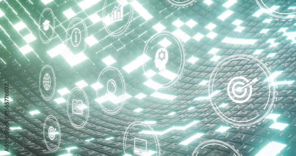 Aufkleber green pulse starting icons materializing, organizing and sliding over grid for data visualization