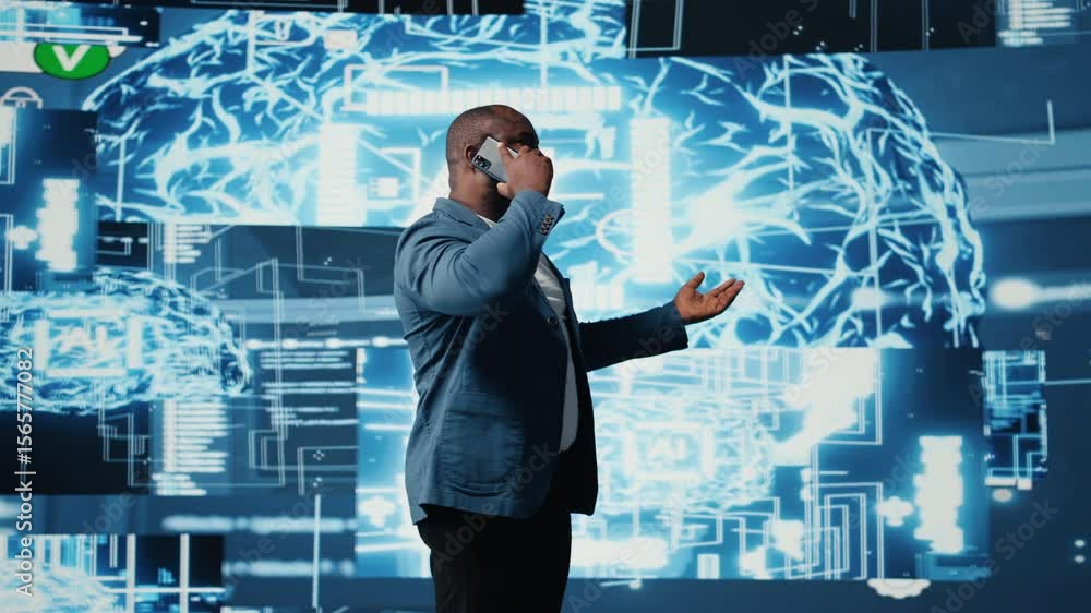 Poster black entrepreneur using mobile phone call to interact with people, shares insight on cybernetic pla