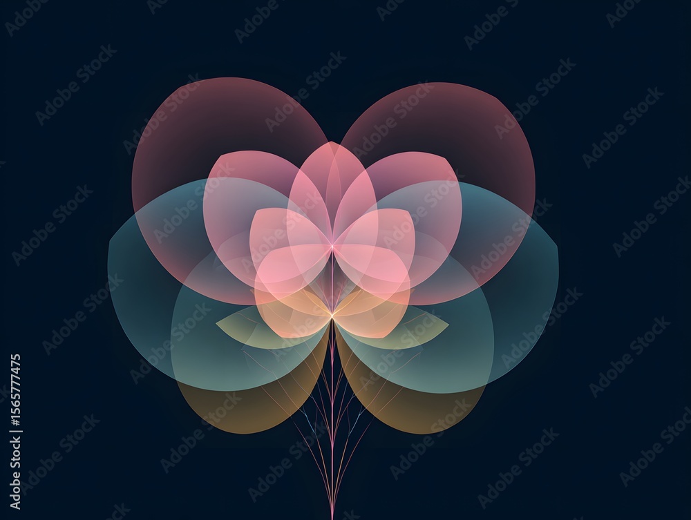Poster abstract floral art is centered on a dark background, featuring layers of translucent, pastel petals