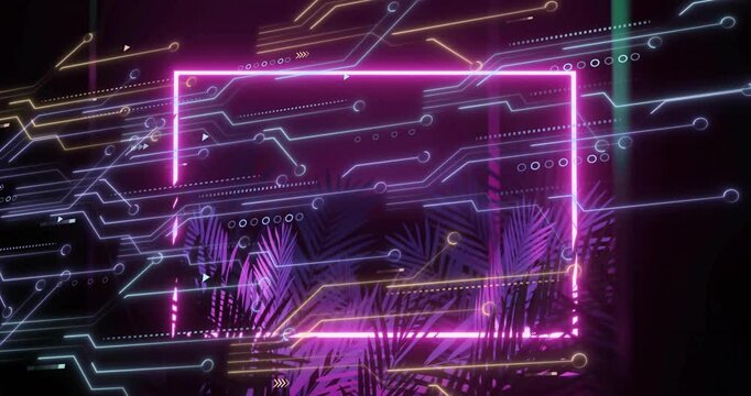 After gold and blue circuit lines sliding, pink neon frame fading pulsing behind palm silhouettes