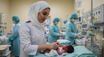 Gentle hands wrap a newborn in a soft blanket, a young female doctor's compassionate care in a modern hospital setting.