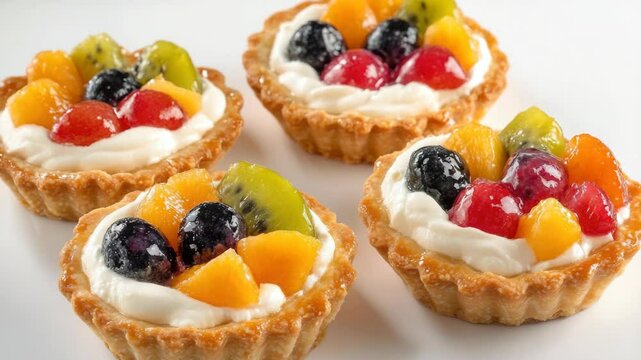 Fresh fruit tartlets with whipped cream toppings.