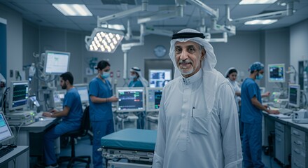 Confident doctor in traditional attire stands proudly amidst a busy hospital operating room, surrounded by his medical team.