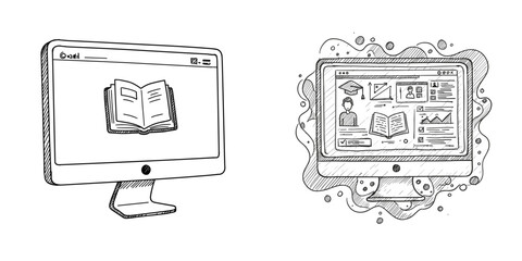 E-learning Monitor Illustration. Hand-drawn monochrome sketch of a screen displaying educational content on transparent background. Online education, digital learning for websites, apps, presentations