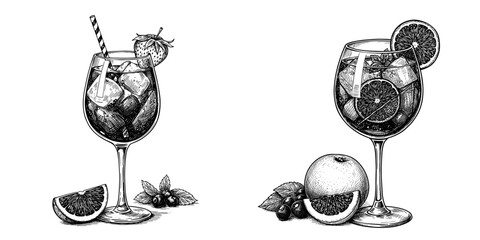 Sangria Glass Illustration. Hand-drawn sketch of a refreshing fruit-filled drink in black & white. Summer beverage, party cocktail for menus, bar branding, and recipe blogs