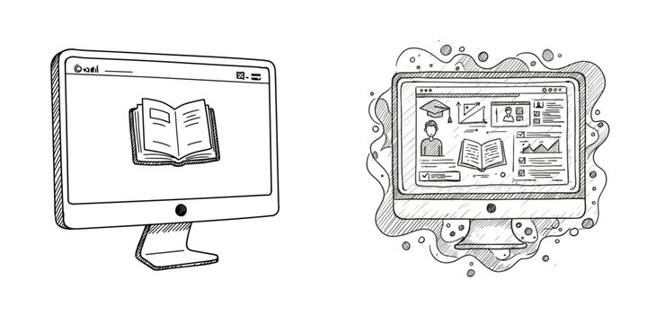 E-learning Monitor Illustration. Hand-drawn monochrome sketch of a screen displaying educational content on transparent background. Online education, digital learning for websites, apps, presentations
