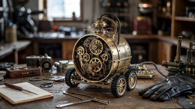 Intricate brass mechanical model rests on a vintage workbench in a workshop filled with tools and gadgets.