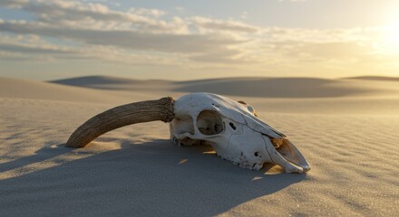 Obraz premium Weathered animal skull resting on sand dunes landscape against sunset backdrop