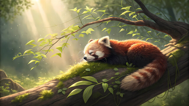 Red panda sleeping on tree branch in forest, cute animal wildlife nature background illustration art