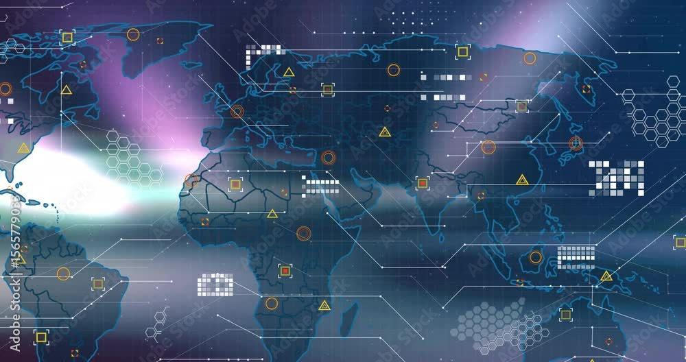 Poster with outline emerging, map expanding with icons and lines connecting visualizing global network
