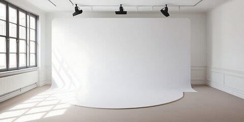 Professional photography studio interior with white seamless paper backdrop setup, natural light from large window, clean minimalist space perfect for portrait, product, or fashion shoot

