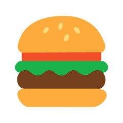 Flat style illustration of a classic hamburger with lettuce tomato and beef patty on a sesame bun isolated on white background