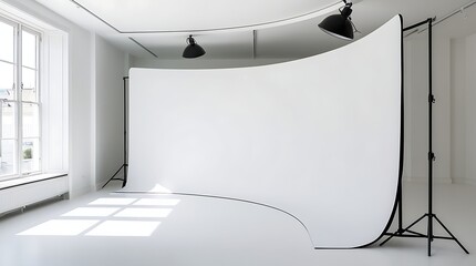 Professional photography studio interior with white seamless paper backdrop setup, natural light from large window, clean minimalist space perfect for portrait, product, or fashion shoot

