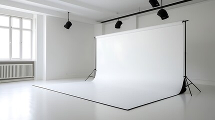 Professional photography studio interior with white seamless paper backdrop setup, natural light from large window, clean minimalist space perfect for portrait, product, or fashion shoot

