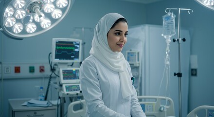 Confident female doctor in hijab stands in a modern hospital room, gazing thoughtfully towards a patient's bed.