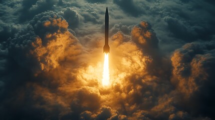 Missile Soars Through Sky Split by Lightning Amidst Dramatic Clouds and Light Effects