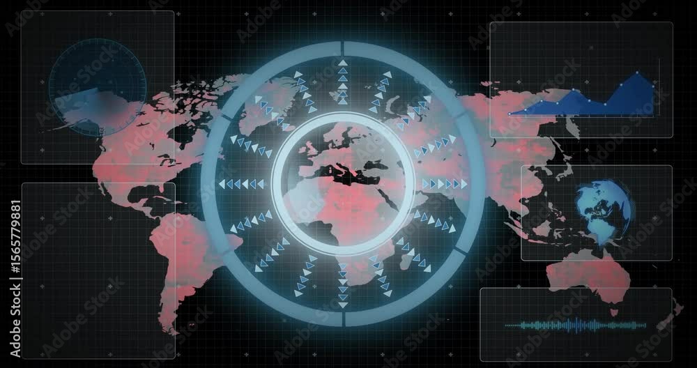 Poster Upon map code executing globe rotating chart rising waveform pulsing and red tint expanding