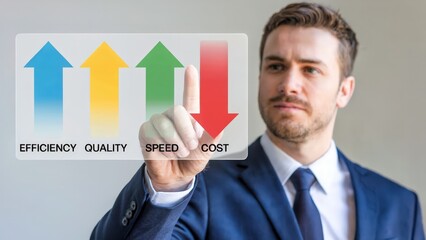 Businessman presenting strategies for efficiency, quality, speed, and cost reduction